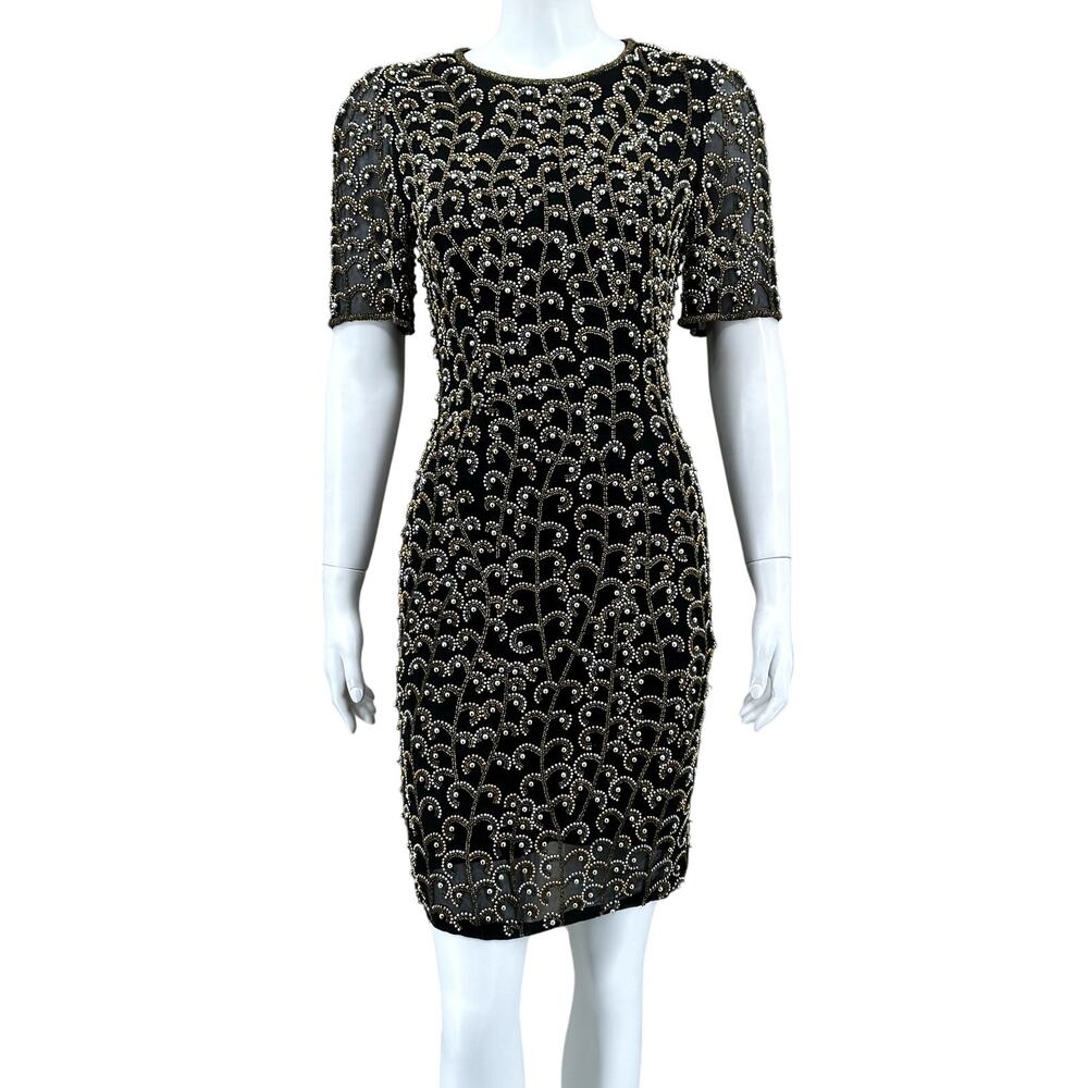 Oleg Cassini Black Tie Dress Womens 4 Silk Beaded Glam NYE Cocktail Party LBD